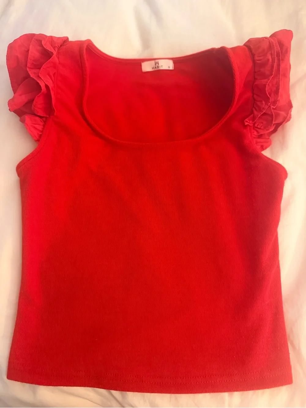 Habit Ruffle-Sleeve Scoop Neck Tank in Red EUC - Picture 4 of 6